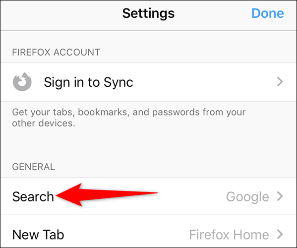 Toque em "Pesquisar" na página "Configurações" do Firefox no iPhone.