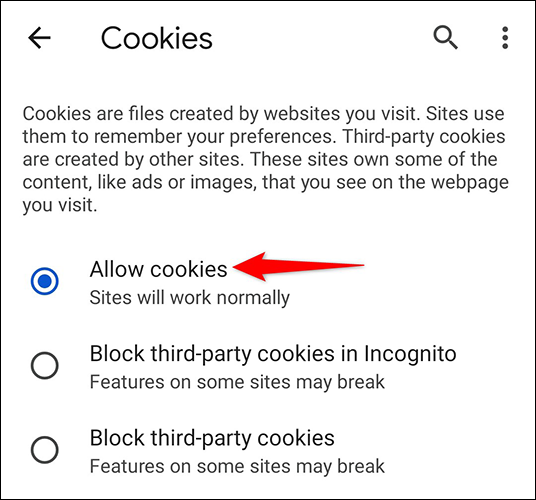 Habilite "Permitir Cookies" na página "Cookies" no Chrome para celular.