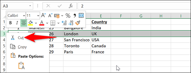 Clique com o botão direito no número da linha e selecione "Cortar" no Excel.