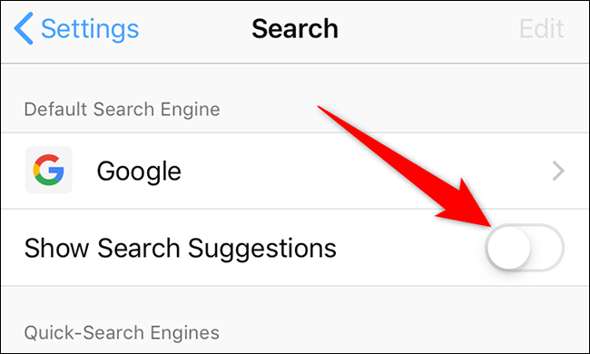 Desative a opção "Mostrar sugestões de pesquisa" na página "Pesquisar" do Firefox no iPhone.