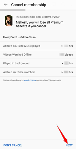 Toque em "Avançar" na página "Cancelar assinatura" no aplicativo do YouTube.