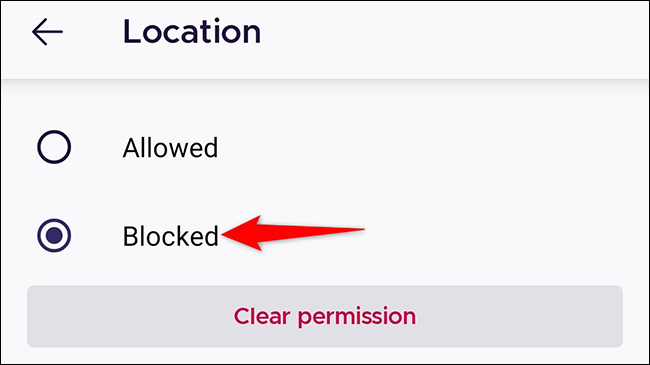 Toque em "Bloqueado" na tela "Localização" do Firefox no Android.