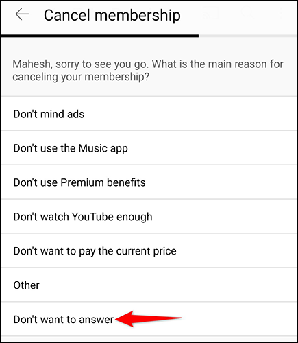 Selecione um motivo para o cancelamento no aplicativo do YouTube.