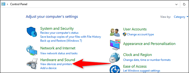 Clique em "Exibir dispositivos e impressoras" no Painel de controle do Windows 10.