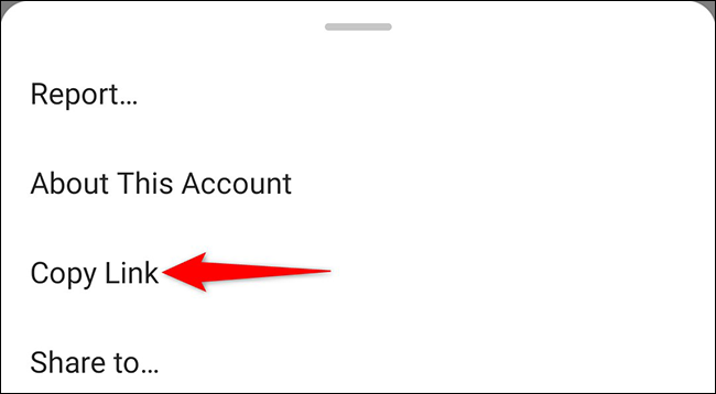 Selecione "Copiar link" no menu de opções para uma postagem no Instagram.