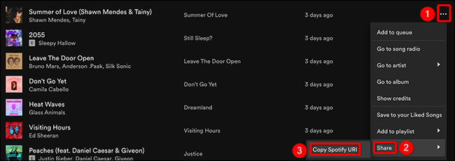 Selecione Compartilhar> Copiar URI do Spotify para um item no Spotify.