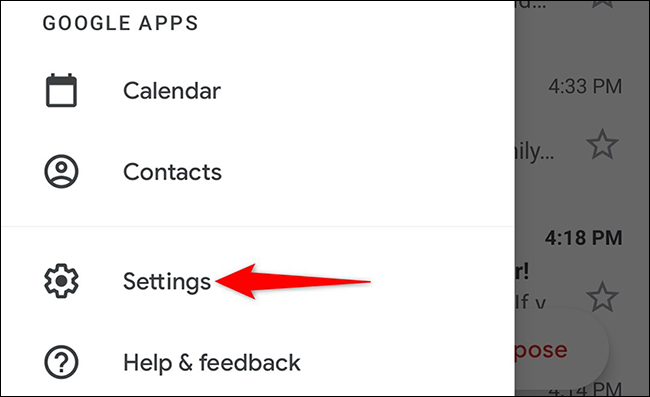 Toque em "Configurações" no menu de hambúrguer do aplicativo Gmail.