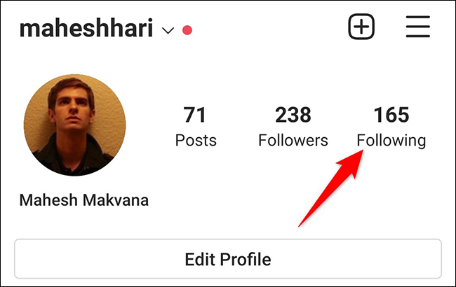 Toque em "Seguindo" na página de perfil do aplicativo Instagram.