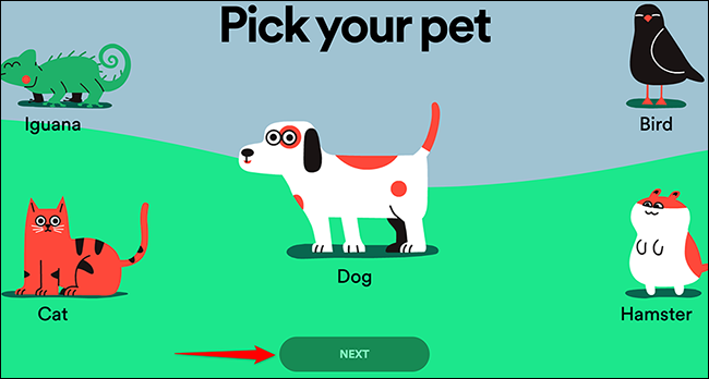 Escolha um animal de estimação no site Spotify for Pets.