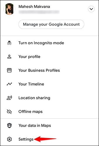 Selecione "Configurações" no menu do perfil no Maps.