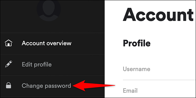 Selecione "Alterar senha" na página da conta do Spotify.