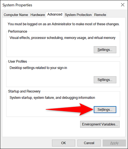 Clique em "Configurações" na seção "Inicialização e recuperação" da janela "Propriedades do sistema".