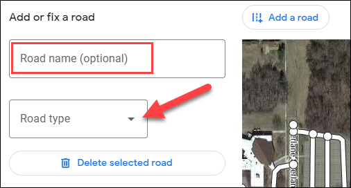 Insira o nome da estrada que falta e selecione o tipo de estrada.
