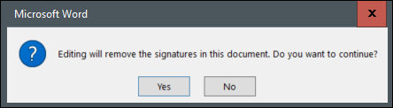 Uma mensagem de aviso informando a assinatura será removida quando editada.