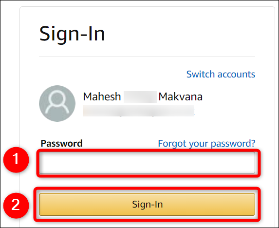 Clique no campo "Senha", digite a senha atual e clique em "Sign-In" na página "Sign-In" do site da Amazon.