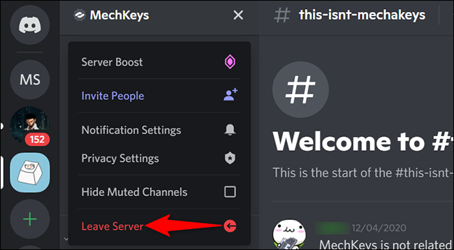 Selecione "Sair do servidor" no menu do servidor no Discord na área de trabalho.