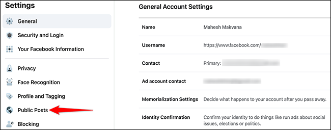 Selecione "Postagens públicas" na página "Configurações gerais da conta" no Facebook.