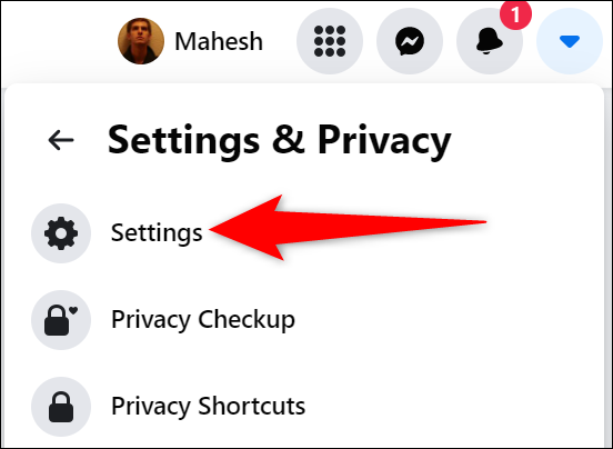 Clique em "Configurações" no menu "Configurações e privacidade" do Facebook.