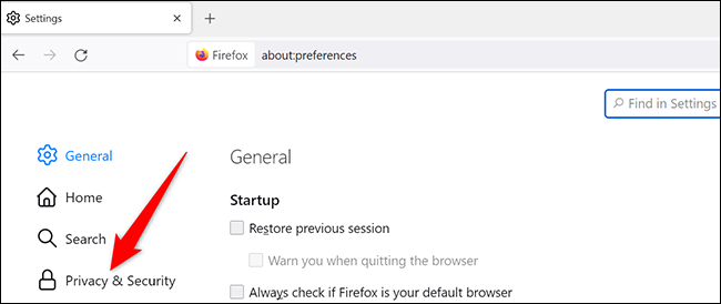 Clique em "Privacidade e segurança" na página "Configurações" do Firefox na área de trabalho.