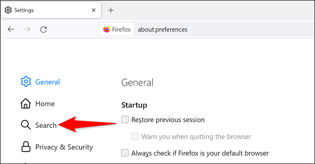 Selecione "Pesquisar" na página "Configurações" do Firefox na área de trabalho.