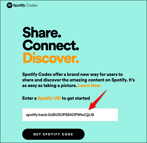 Cole o URI do item e clique em "Obter código do Spotify" no site de códigos do Spotify.