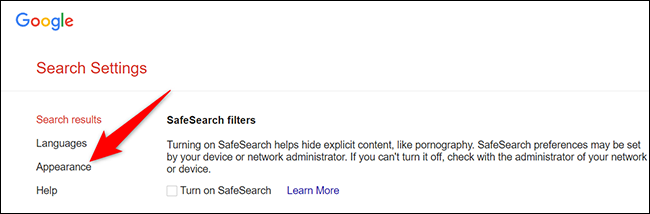 Clique em "Aparência" na página "Configurações de pesquisa" na Pesquisa Google no desktop.