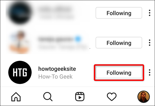 Toque em "Seguindo" ao lado de uma conta no aplicativo Instagram.