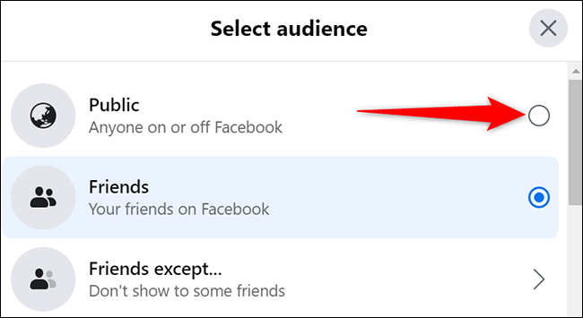 Selecione "Público" na janela "Selecionar público" no Facebook.
