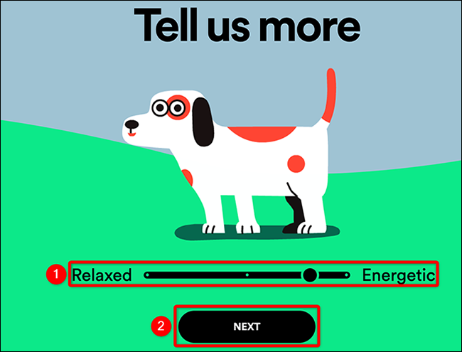 Selecione "Relaxado" ou "Energético" para o animal de estimação no site Spotify for Pets.