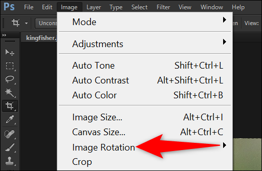 Clique em Imagem> Rotação da imagem na barra de menus do Photoshop.