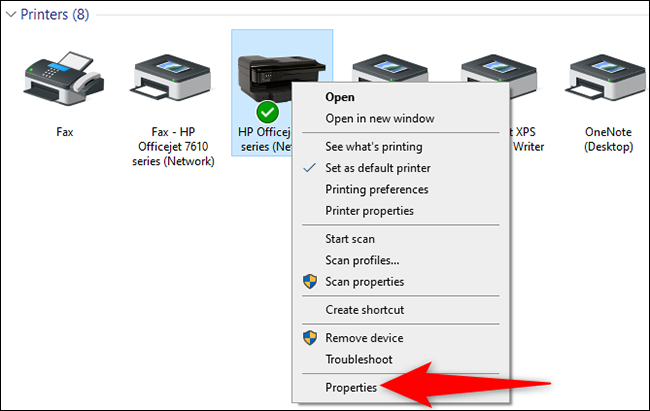 Clique com o botão direito na impressora e selecione "Propriedades" na janela "Dispositivos e impressoras" no Windows 10.