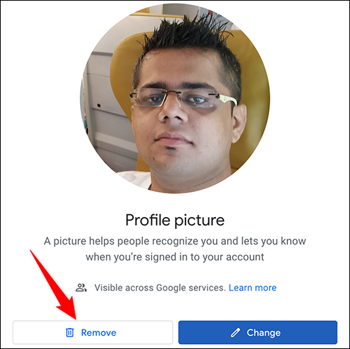 Clique em "Remover" na janela da imagem do perfil no site da Conta do Google.