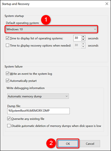 Selecione o sistema operacional padrão no menu suspenso "Sistema operacional padrão" na janela "Inicialização e recuperação".