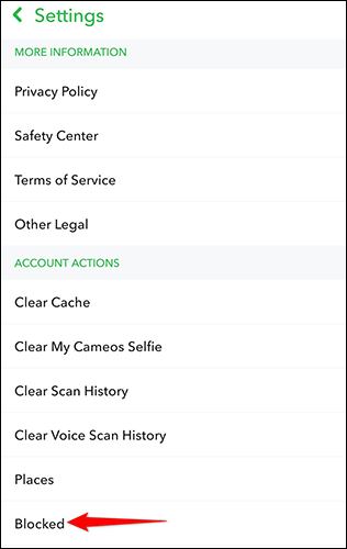 Toque em "Bloqueado" na página "Configurações" do Snapchat.