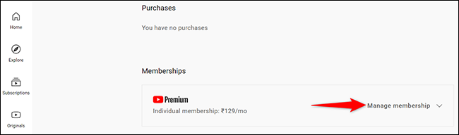 Clique em "Gerenciar assinatura" na seção "Premium" do site do YouTube.