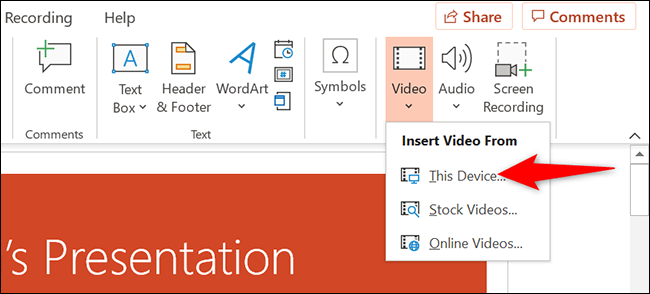 Selecione "Este dispositivo" no menu "Inserir vídeo de" no PowerPoint.