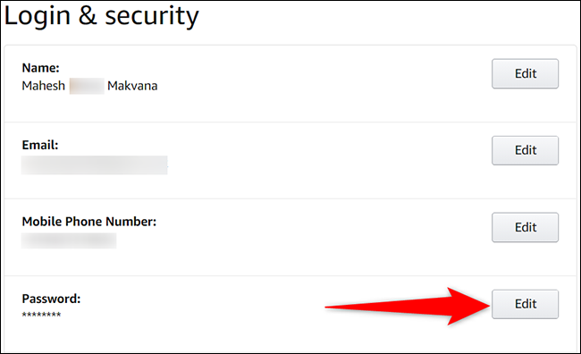 Clique em "Editar" ao lado de "Senha" na página "Login e segurança" do site da Amazon.