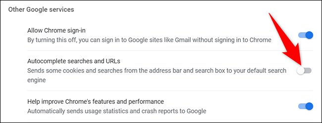 Desative "Pesquisas e URLs de preenchimento automático" na página "Serviços do Google" no Chrome no desktop.
