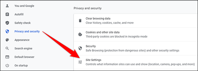 Selecione "Configurações do site" na página "Privacidade e segurança" no Chrome para desktop.