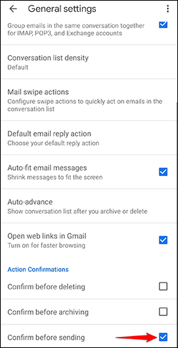 Habilite "Confirmar antes de enviar" no menu "Configurações gerais" do aplicativo Gmail.