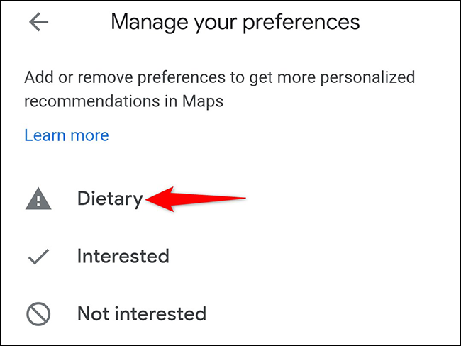 Toque em "Dietética" na página "Gerenciar suas preferências" no Google Maps.