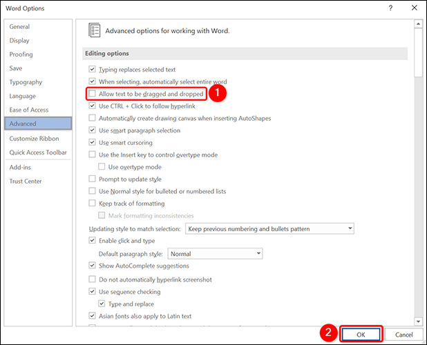 Desative a opção "Permitir que o texto seja arrastado e solto" na janela "Opções do Word" do Word.