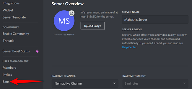 Selecione "Bans" na página de configurações do servidor no Discord no desktop.