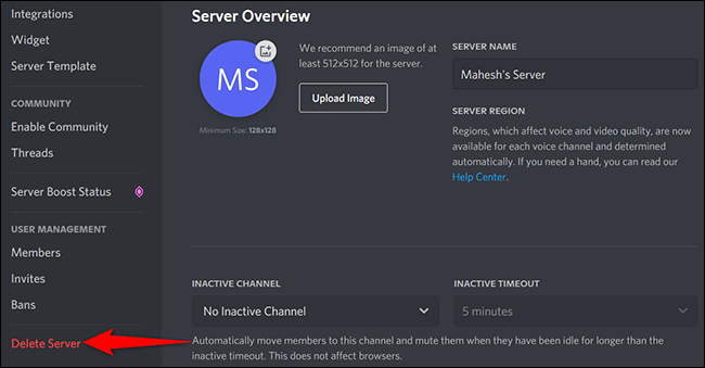 Selecione "Excluir servidor" na página de configurações do servidor no Discord na área de trabalho.