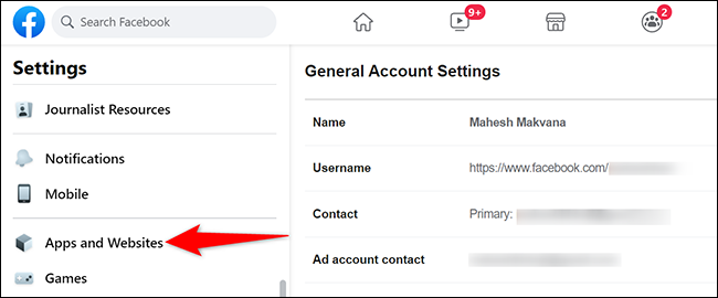 Clique em "Aplicativos e sites" na página "Configurações gerais da conta" no Facebook.