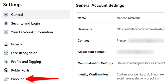 Clique em "Bloqueio" na página "Configurações gerais da conta" no Facebook.