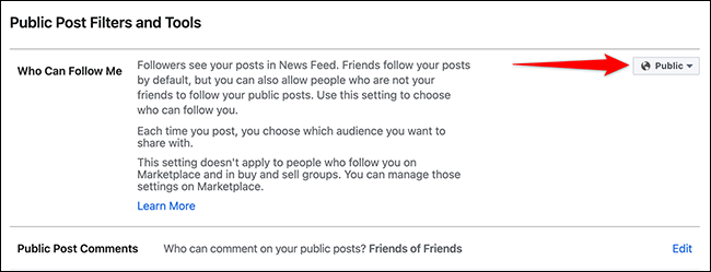 Selecione "Público" no menu suspenso "Quem pode me seguir" no Facebook.