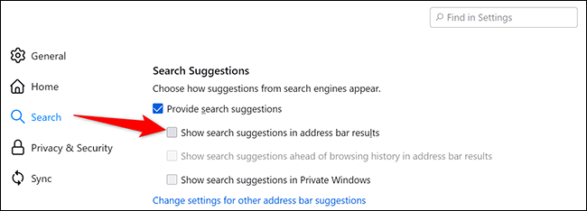 Desative a opção "Mostrar sugestões de pesquisa nos resultados da barra de endereços" na página "Configurações" do Firefox na área de trabalho.