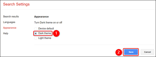 Ative a opção "Tema escuro" na página "Aparência" da Pesquisa Google no desktop.