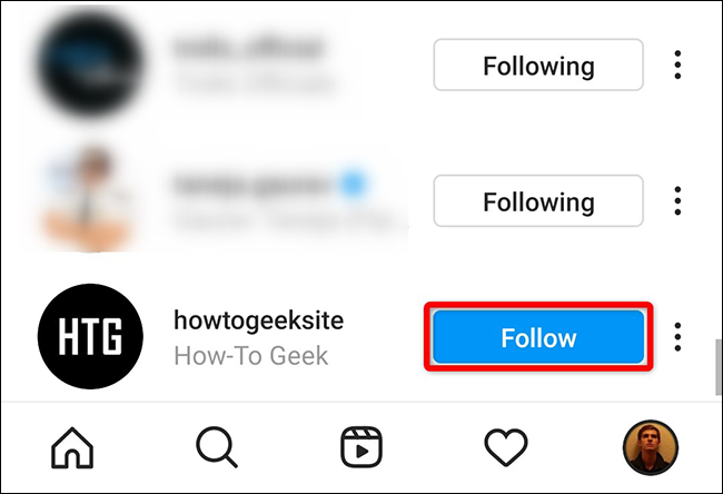 Um usuário não seguido no aplicativo Instagram.